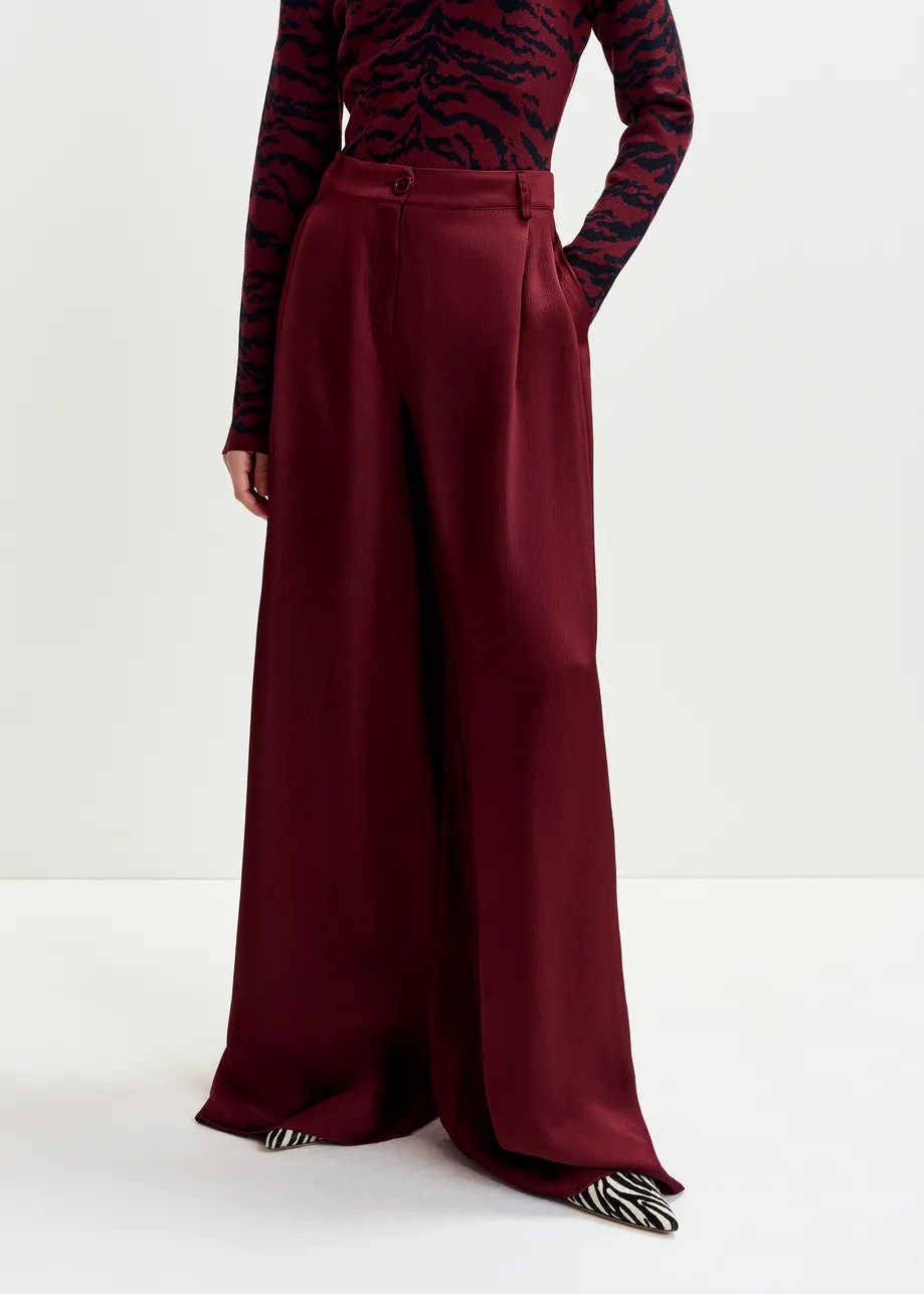 Burgundy wide-leg satin pants