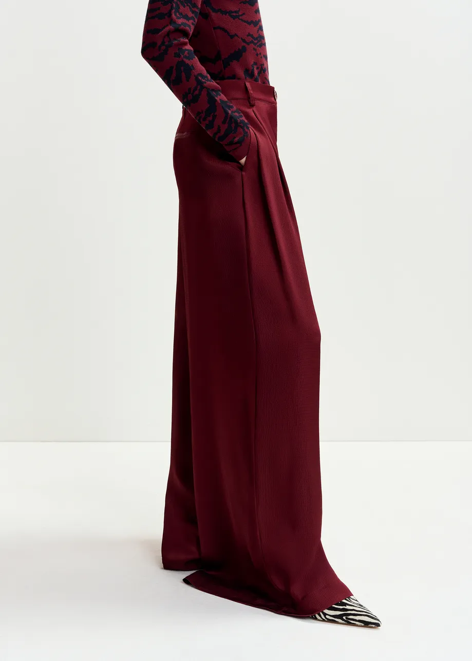 Burgundy wide-leg satin pants