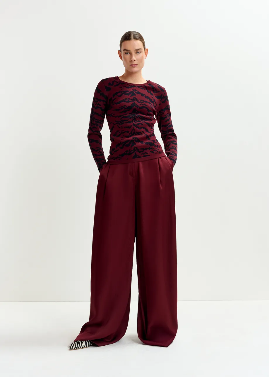 Burgundy wide-leg satin pants