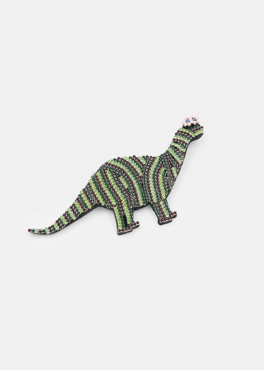 Dark green, light green and light pink rhinestone dinosaur brooch