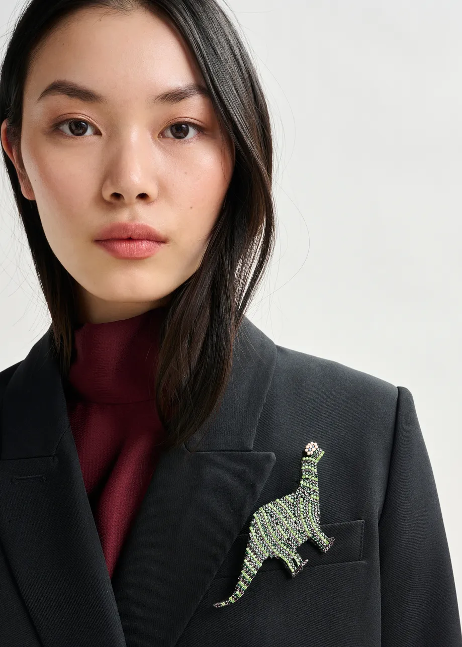 Dark green, light green and light pink rhinestone dinosaur brooch