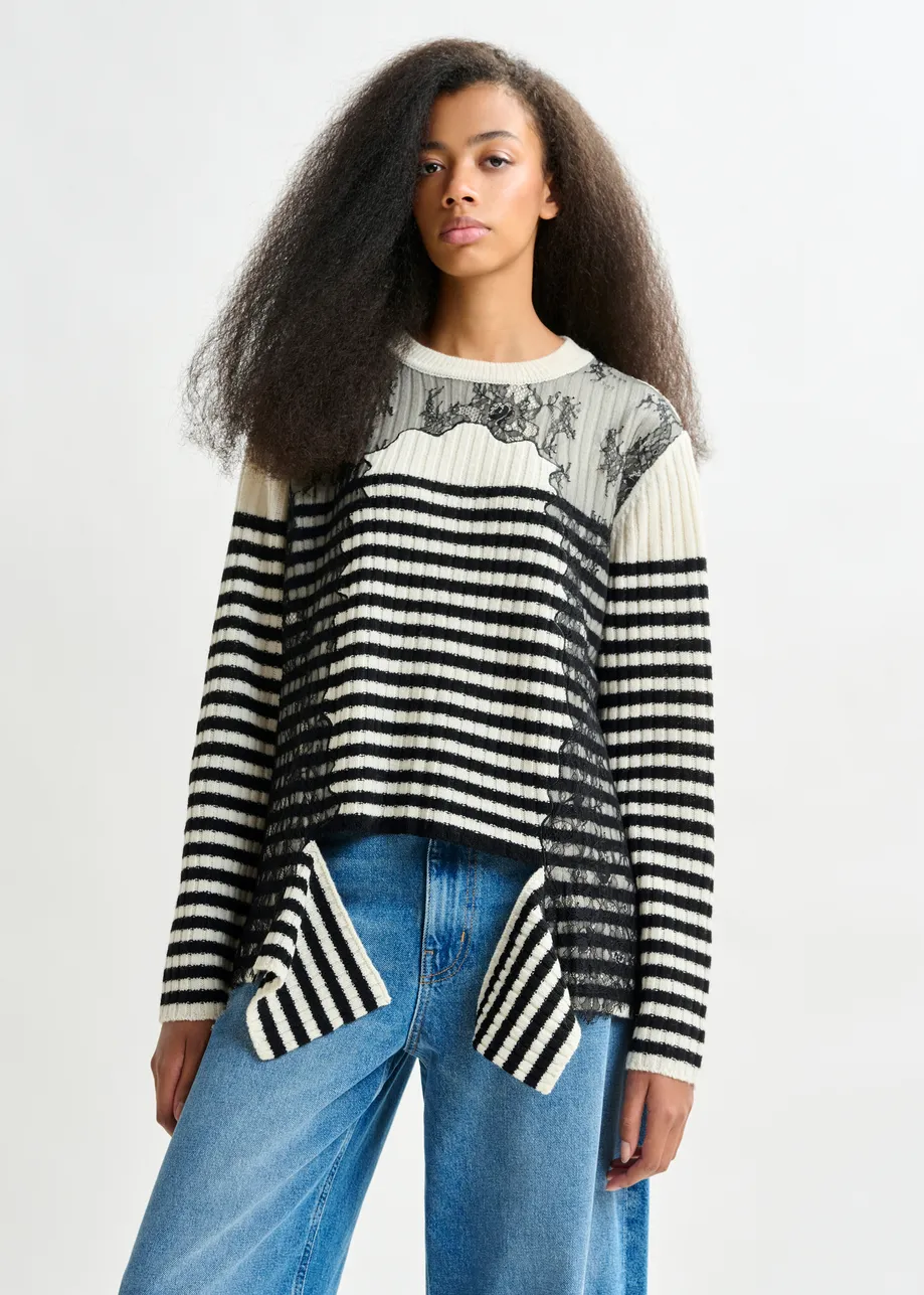 Black and white striped wool and lace-panel sweater