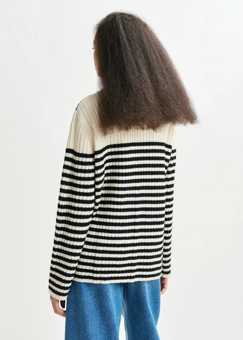 Black and white striped wool and lace-panel sweater