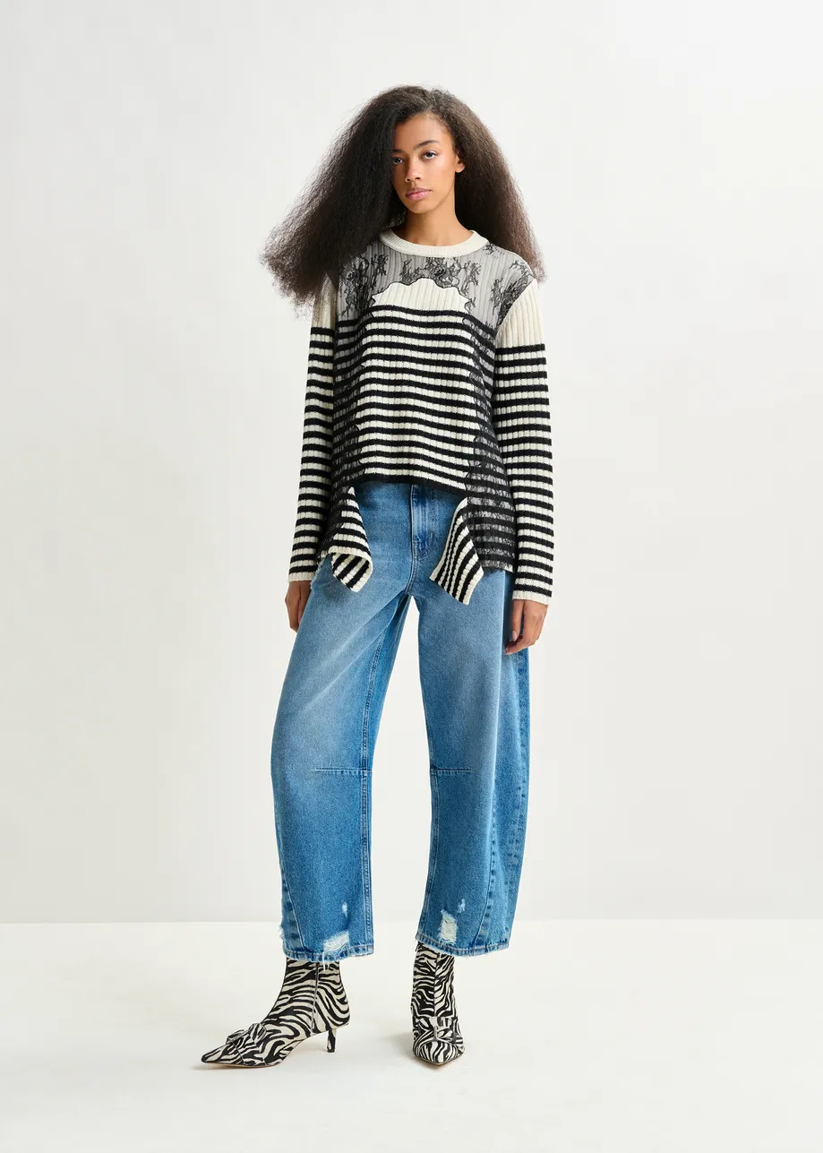 Black and white striped wool and lace-panel sweater