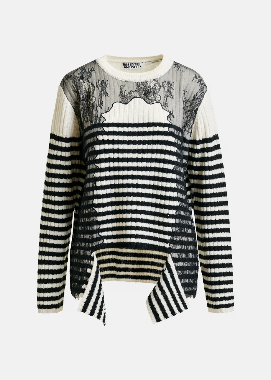 Black and white striped wool and lace-panel sweater