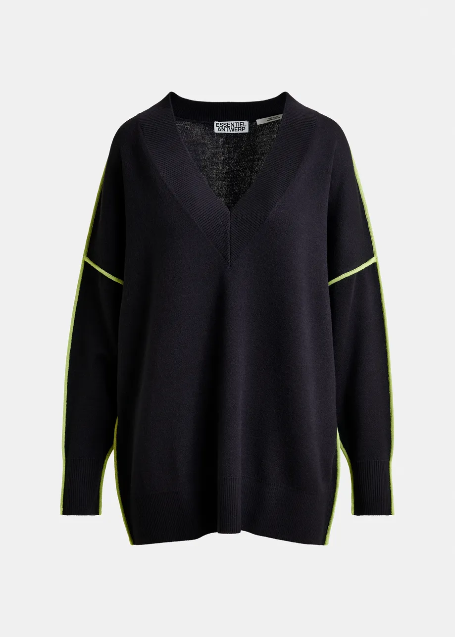 Navy and green oversized V-neck knit sweater with contrast stripe