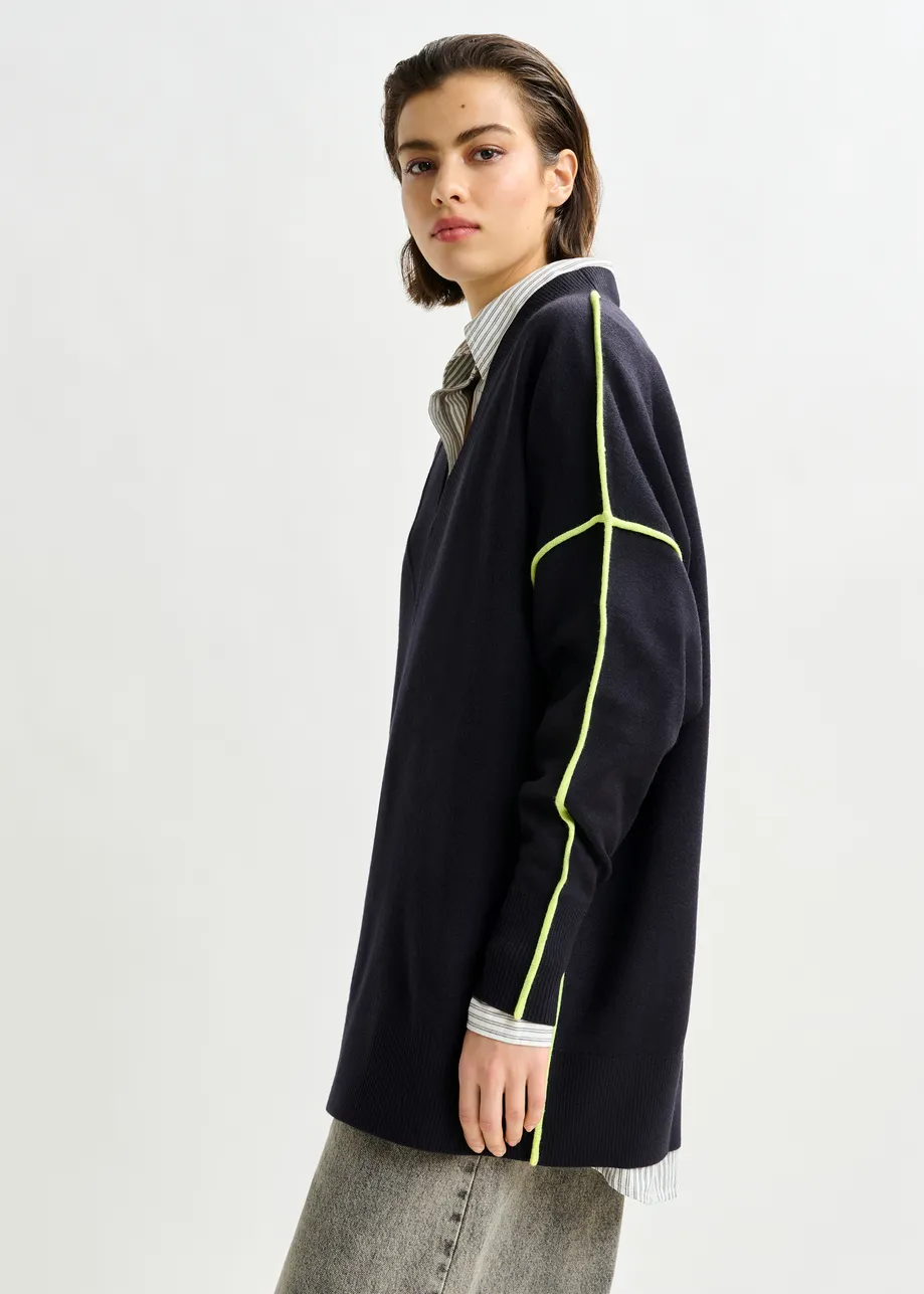 Navy and green oversized V-neck knit sweater with contrast stripe