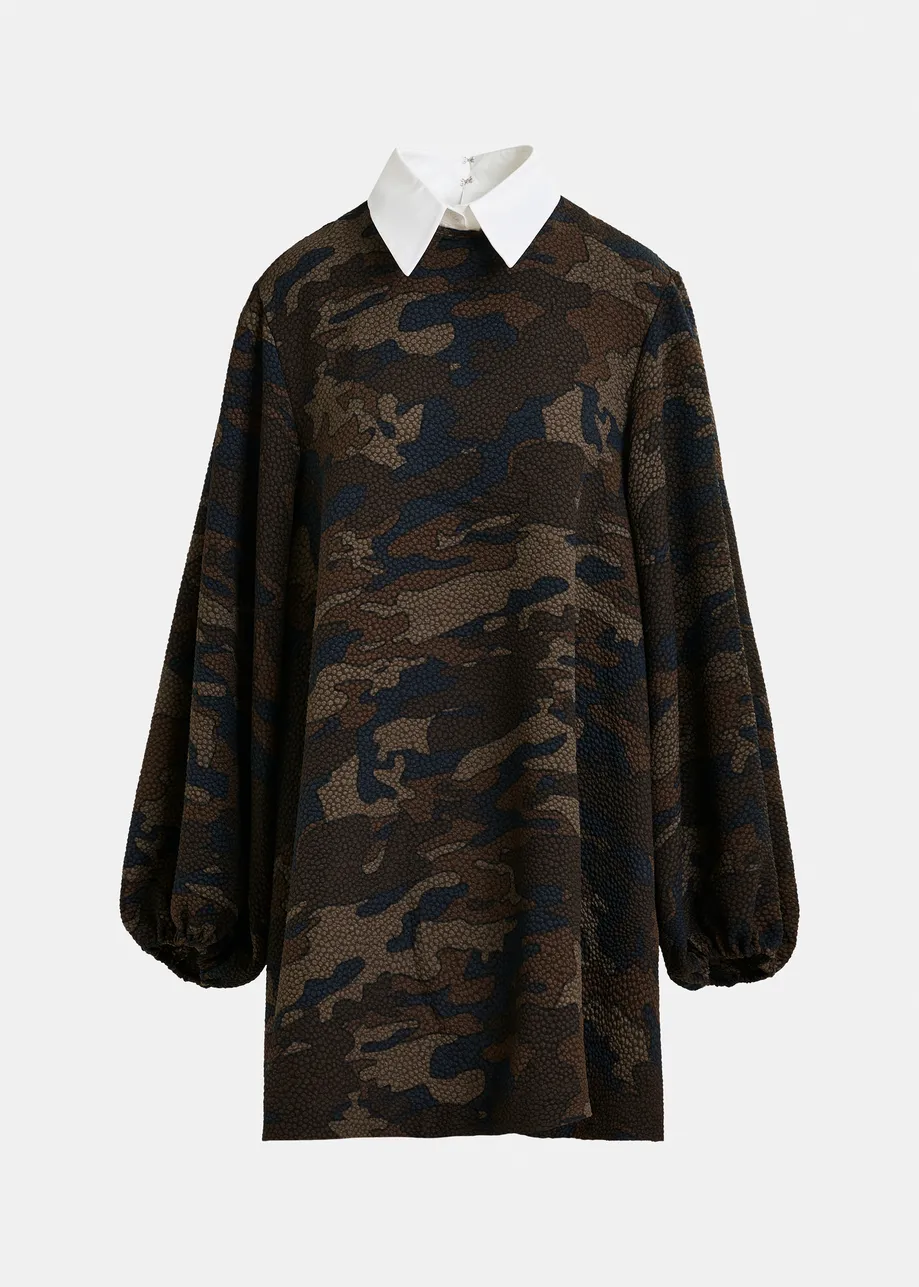 Brown, khaki and black camouflage a-Line mini dress with removable collar