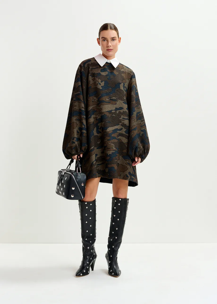 Brown, khaki and black camouflage a-Line mini dress with removable collar
