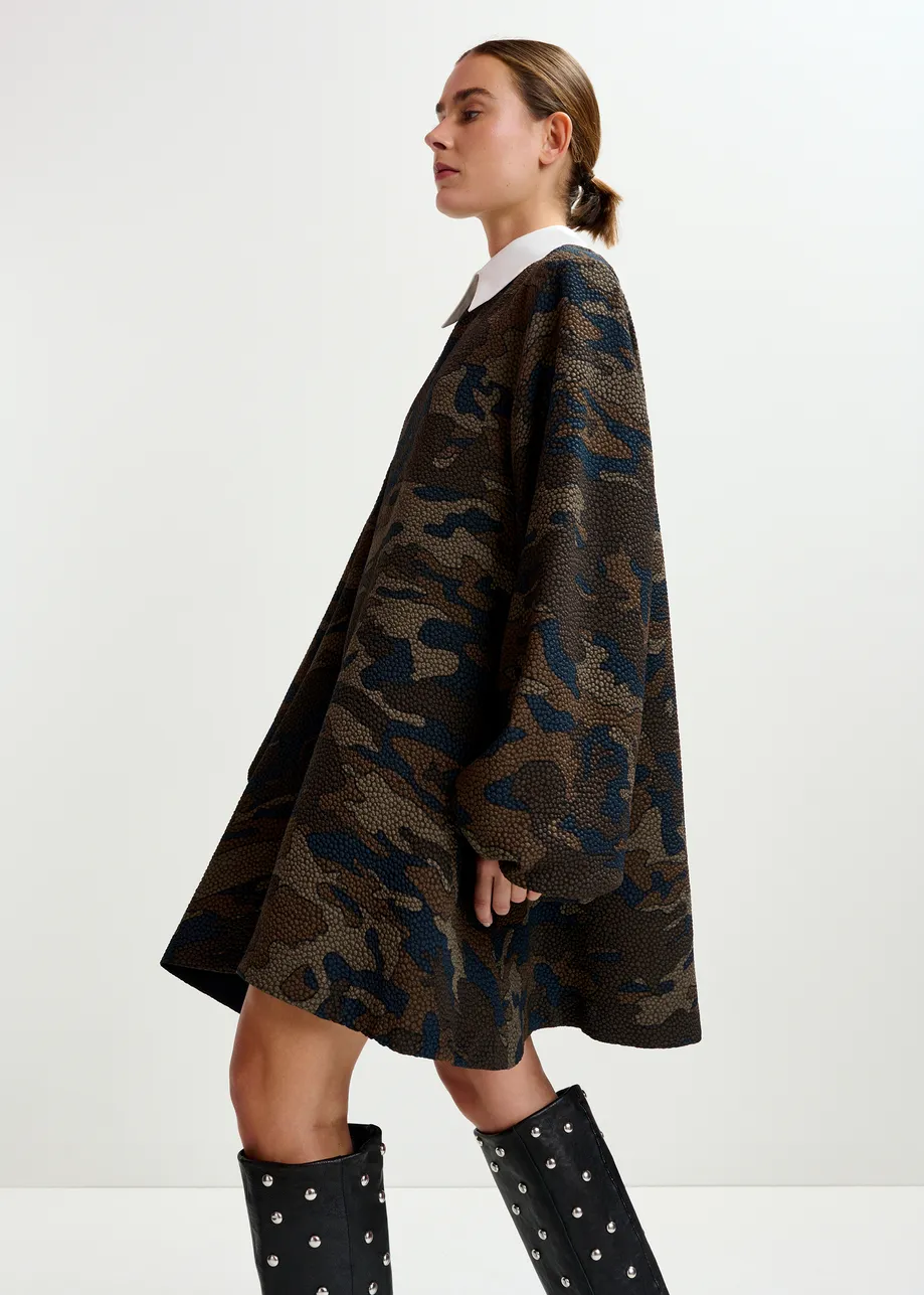 Brown, khaki and black camouflage a-Line mini dress with removable collar
