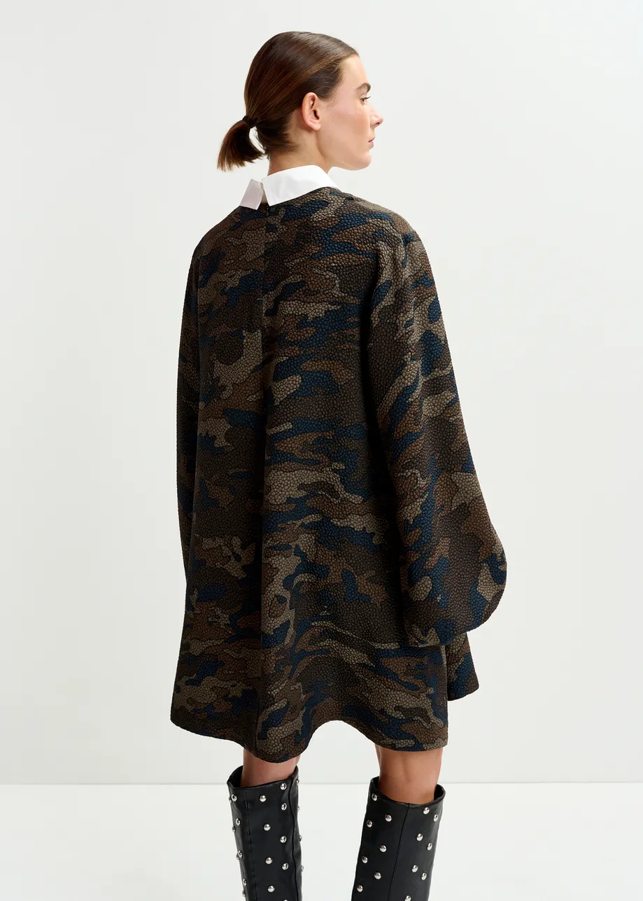 Brown, khaki and black camouflage a-Line mini dress with removable collar