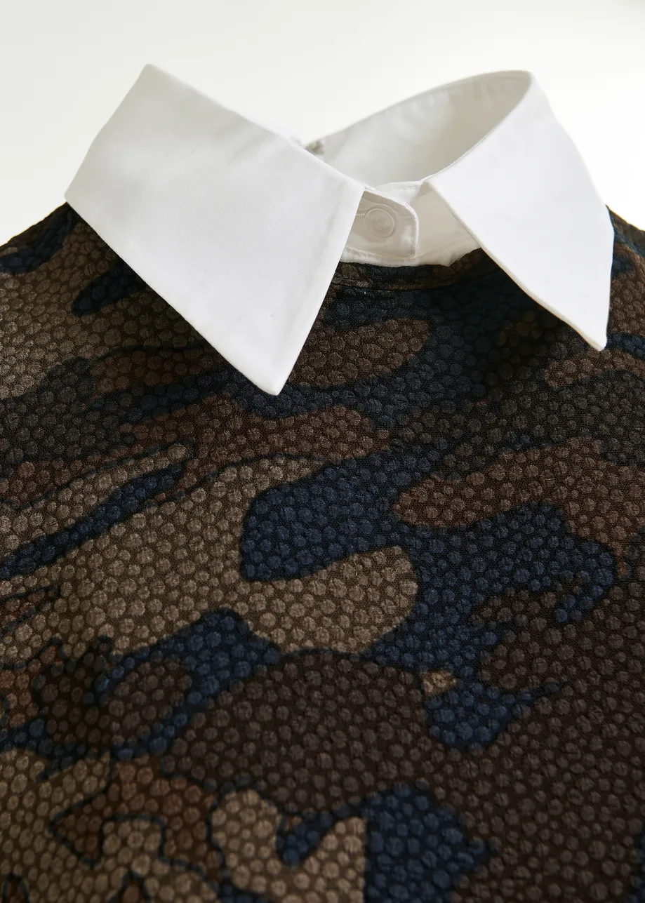 Brown, khaki and black camouflage a-Line mini dress with removable collar