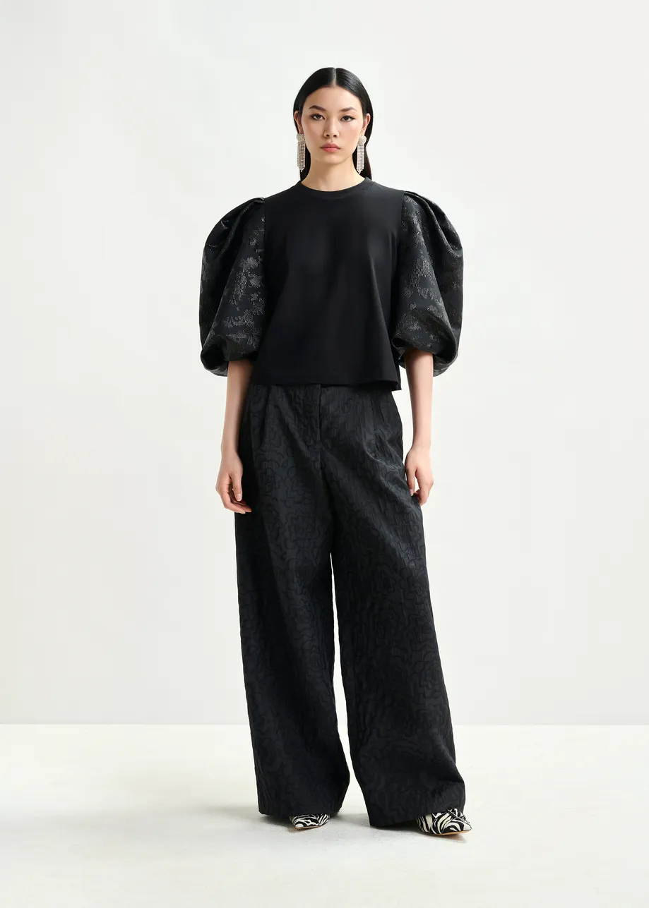 Zwarte wijde broek in jacquard