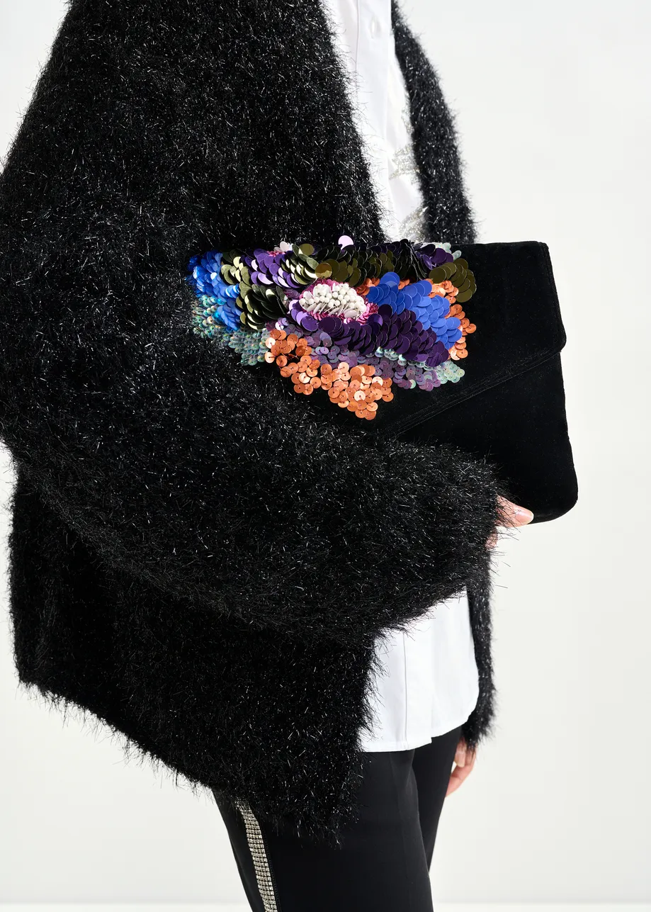 Black and multicolor sequin and bead embellished pouch
