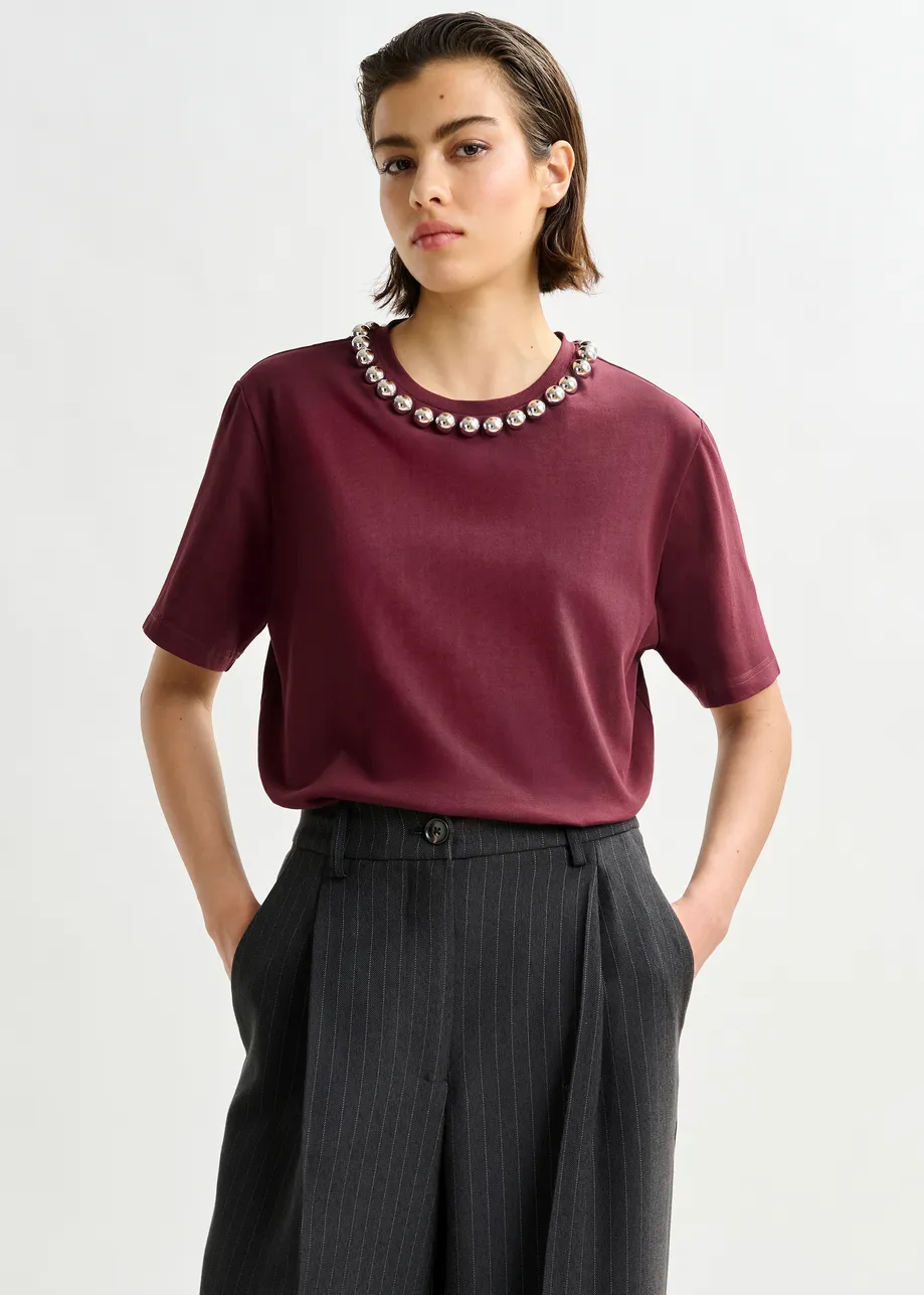 Burgundy and silver cotton T-shirt with metallic pearl-style embellishments
