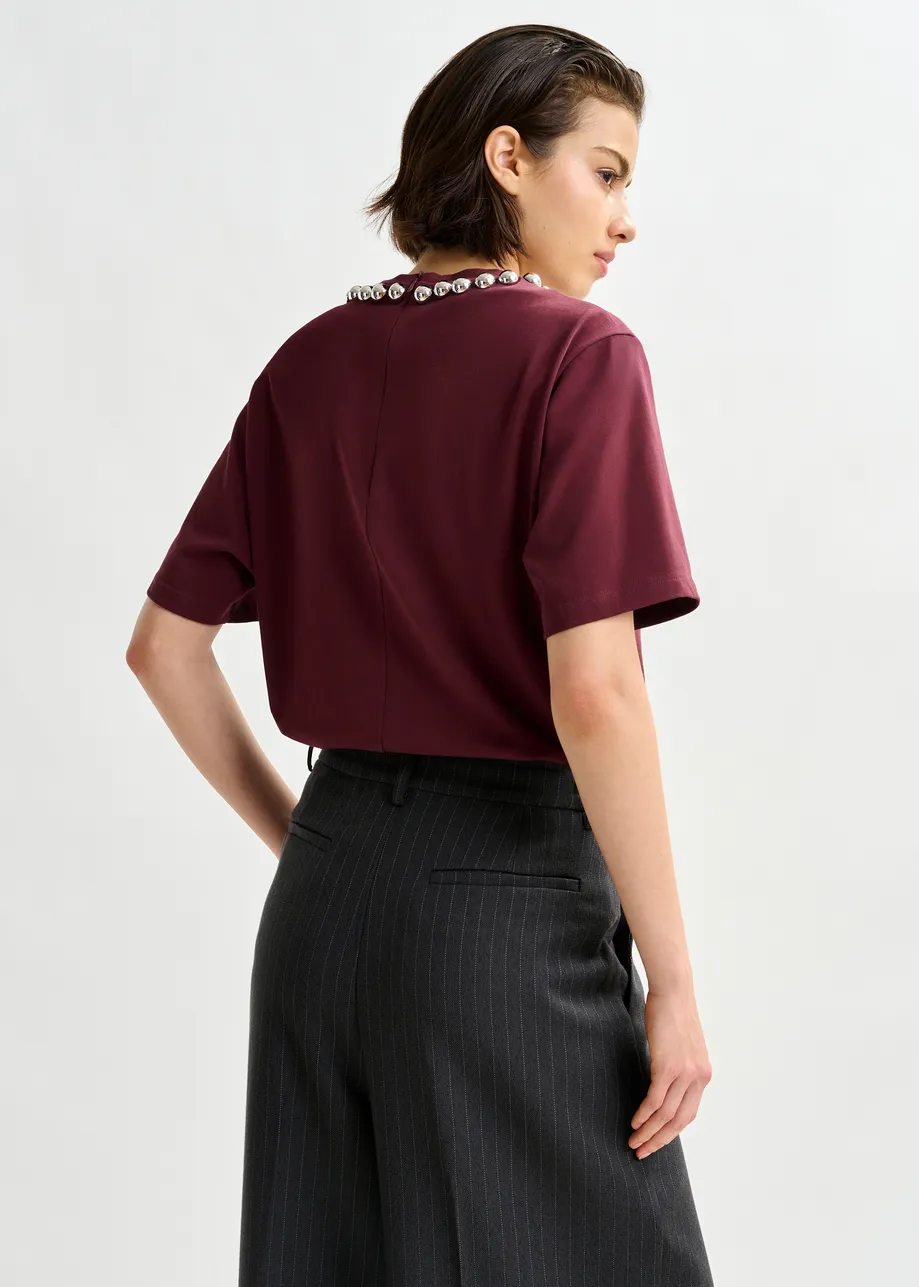 Burgundy and silver cotton T-shirt with metallic pearl-style embellishments