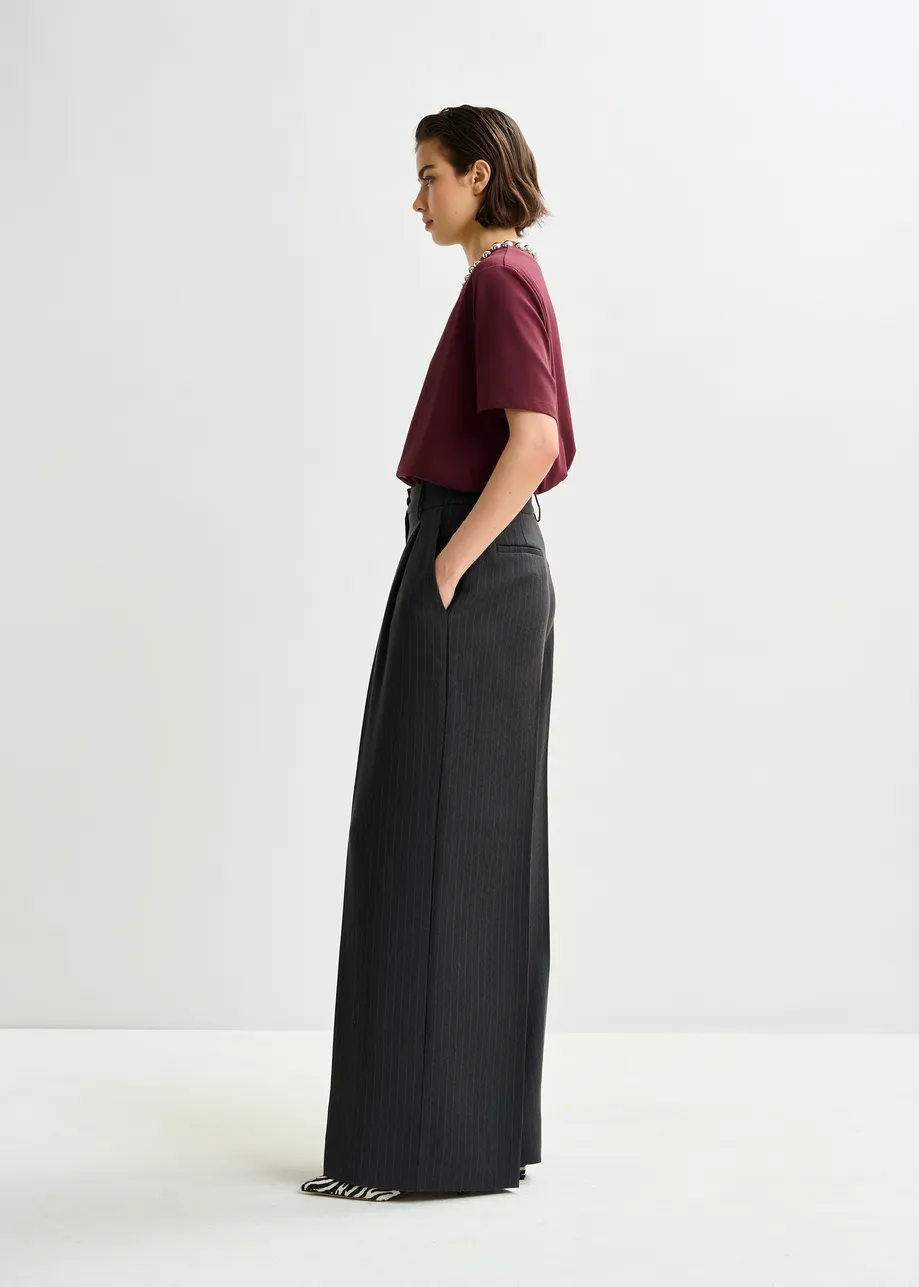 Burgundy and silver cotton T-shirt with metallic pearl-style embellishments
