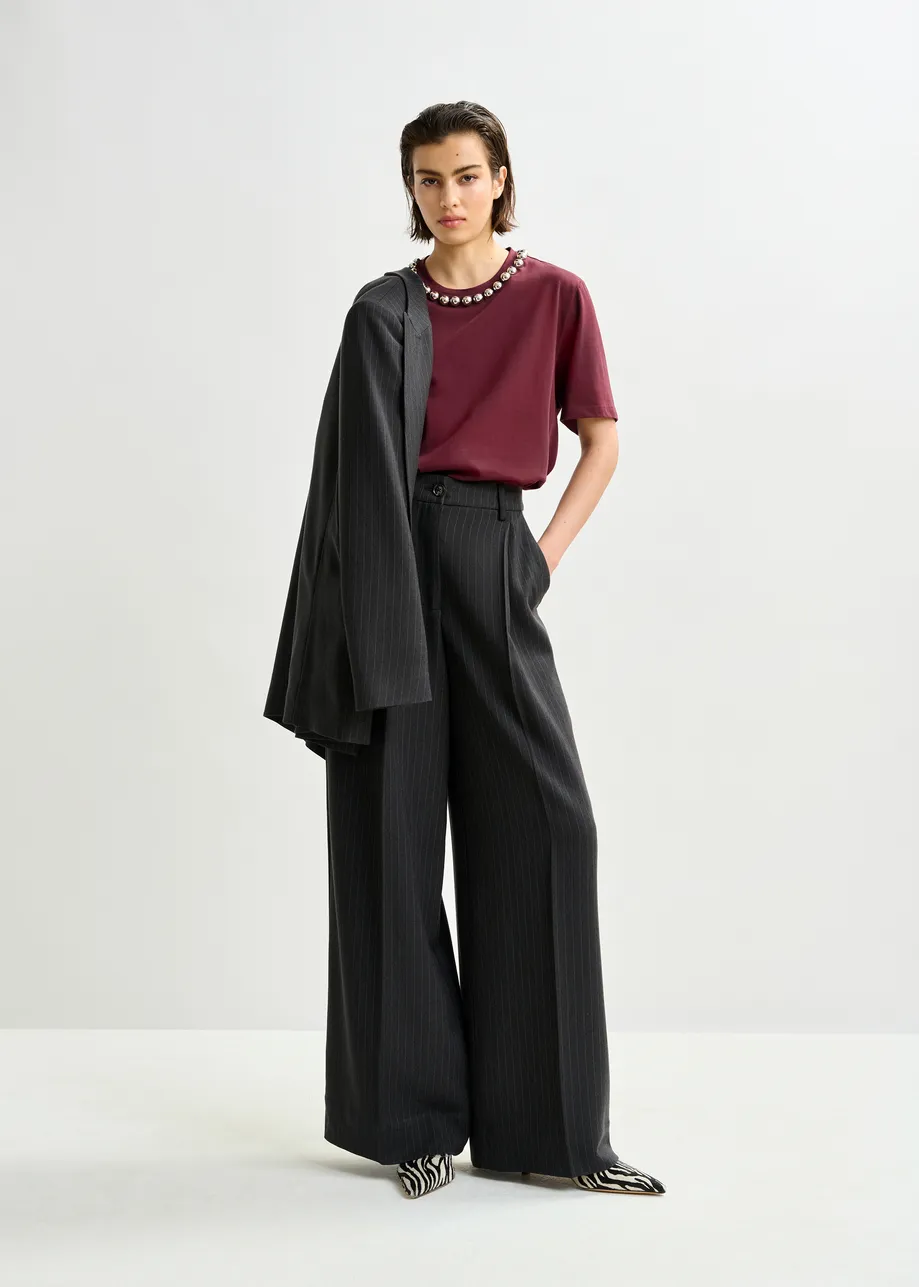 Burgundy and silver cotton T-shirt with metallic pearl-style embellishments