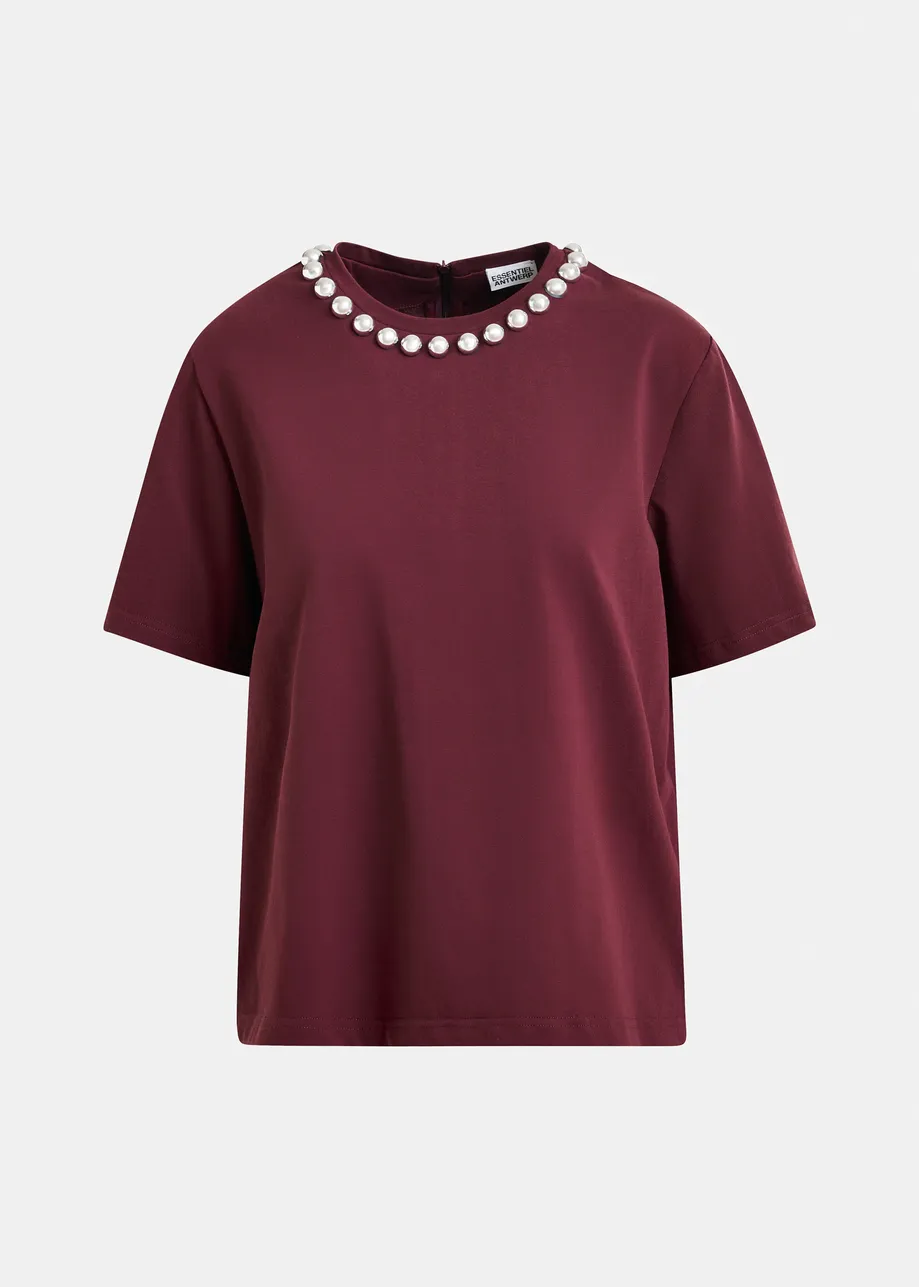 Bordeaux katoenen T-shirt met zilveren kralen