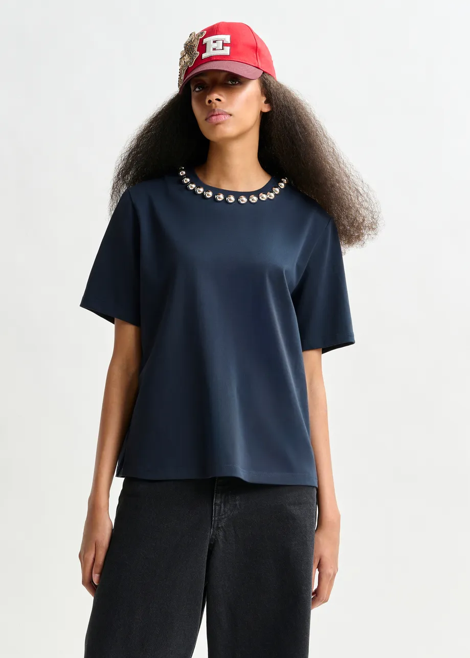 Navy and silver cotton T-shirt with metallic pearl-style embellishments