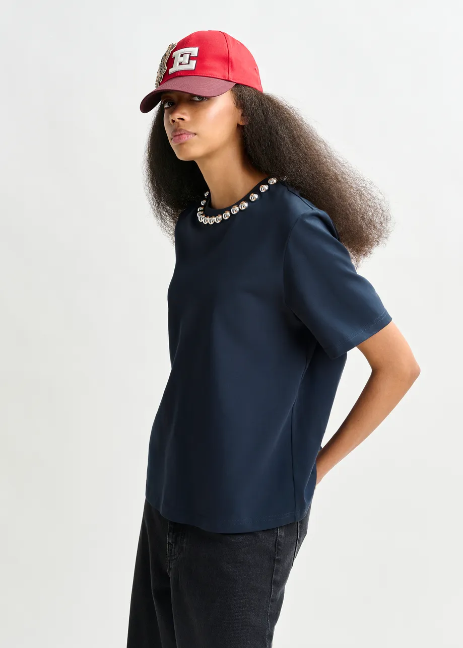 Navy and silver cotton T-shirt with metallic pearl-style embellishments