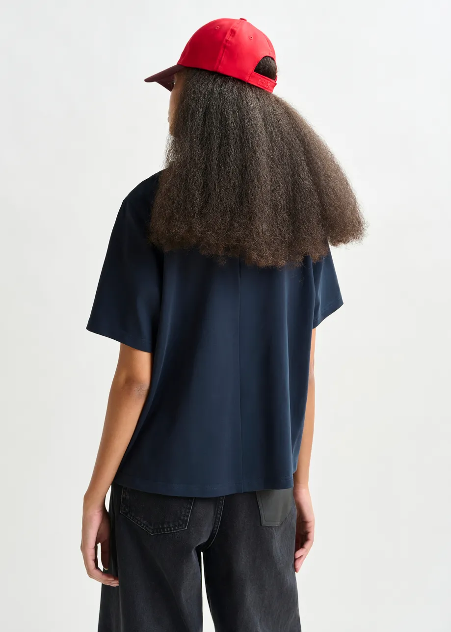Navy and silver cotton T-shirt with metallic pearl-style embellishments