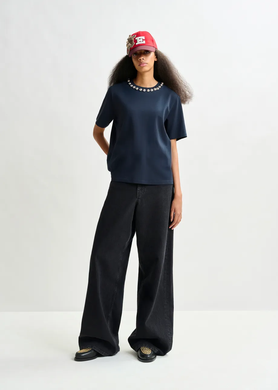 Navy and silver cotton T-shirt with metallic pearl-style embellishments