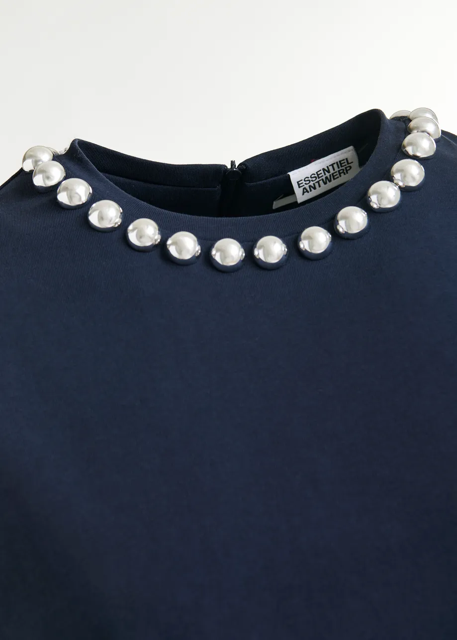 Navy and silver cotton T-shirt with metallic pearl-style embellishments
