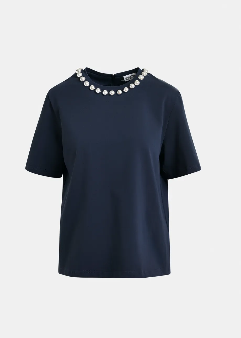 Marineblauw katoenen T-shirt met zilveren kralen