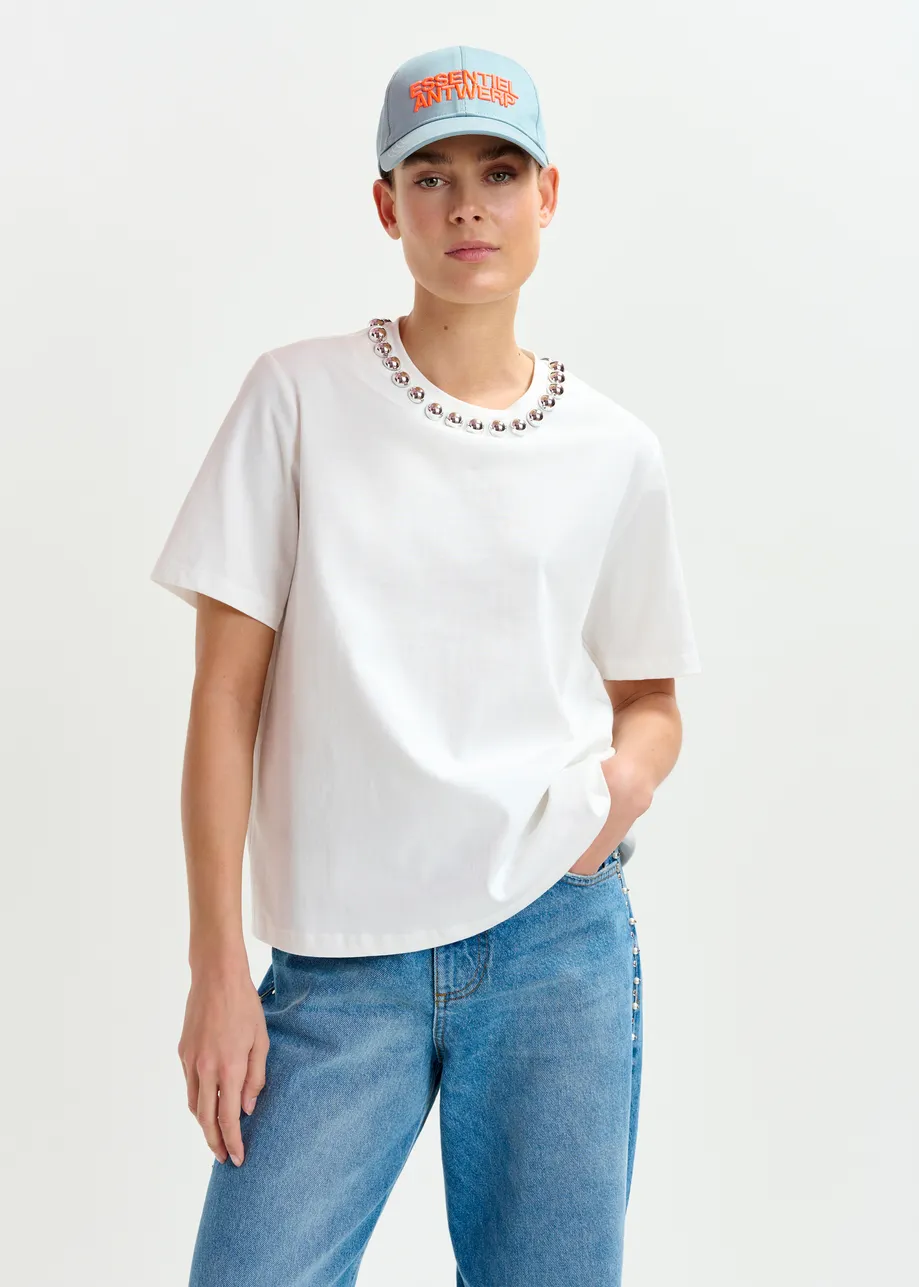 Off-white and silver cotton T-shirt with metallic pearl-style embellishments