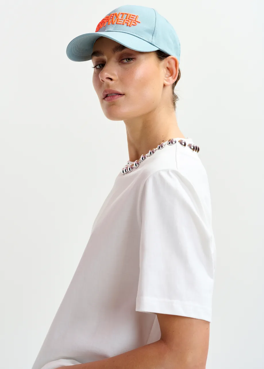 Off-white and silver cotton T-shirt with metallic pearl-style embellishments