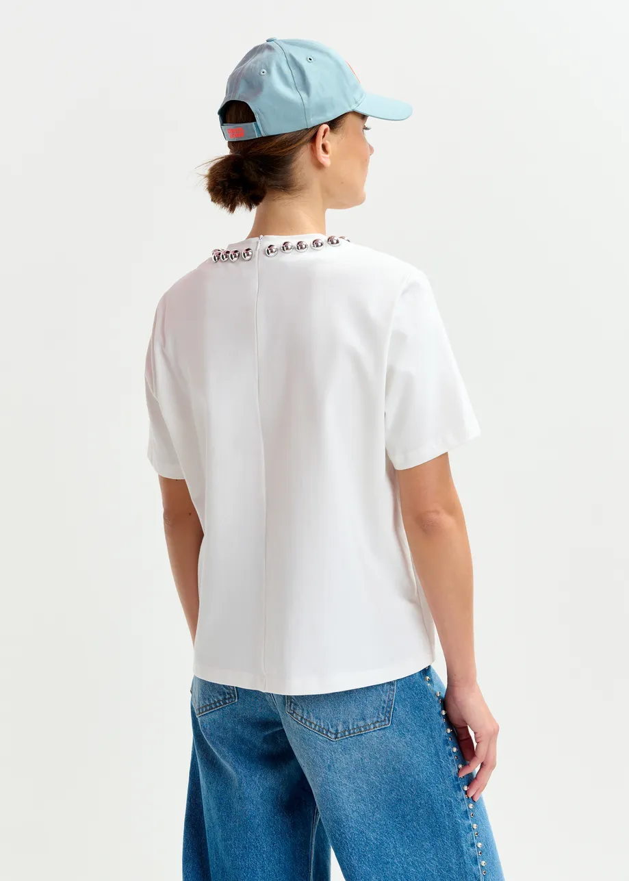 Off-white and silver cotton T-shirt with metallic pearl-style embellishments