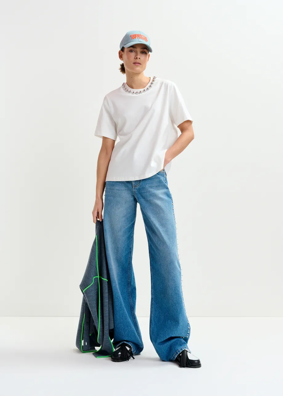 Off-white and silver cotton T-shirt with metallic pearl-style embellishments