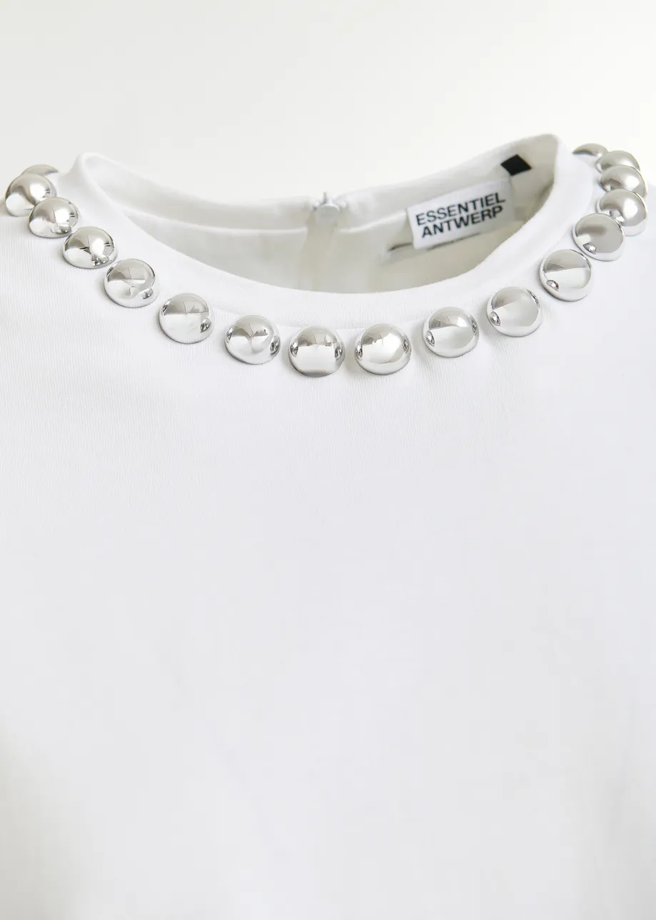 Off-white and silver cotton T-shirt with metallic pearl-style embellishments