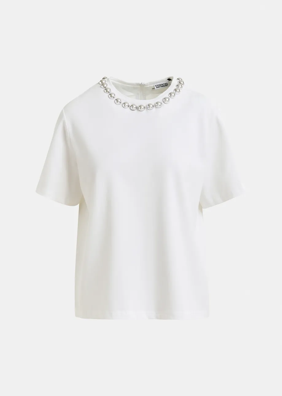 Off-white and silver cotton T-shirt with metallic pearl-style embellishments