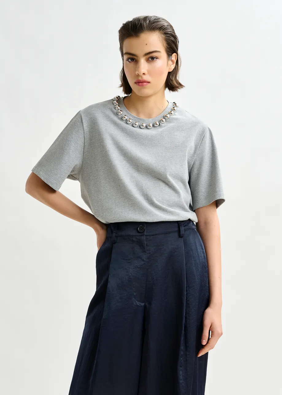 Grey and silver cotton T-shirt with metallic pearl-style embellishments