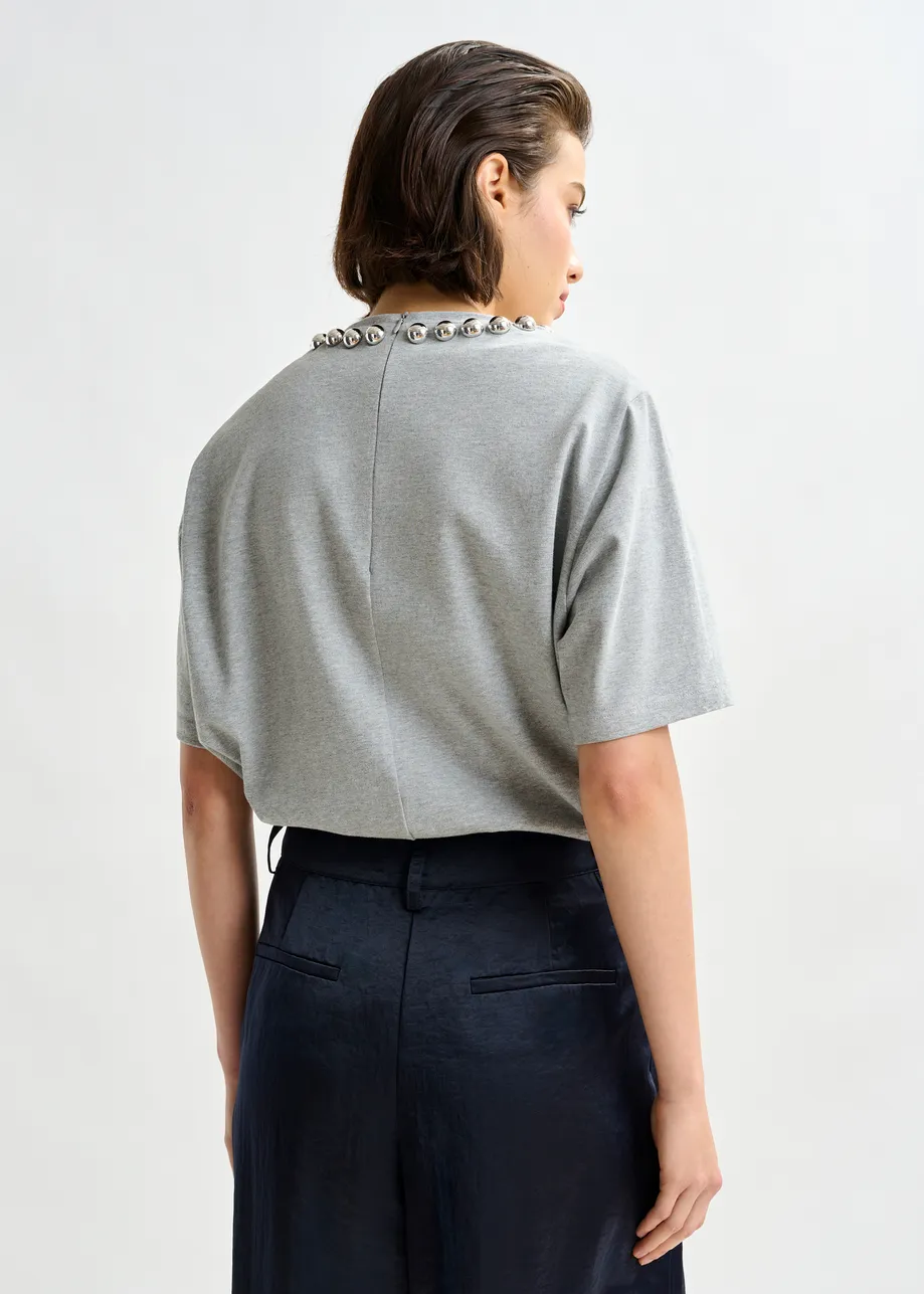 Grey and silver cotton T-shirt with metallic pearl-style embellishments