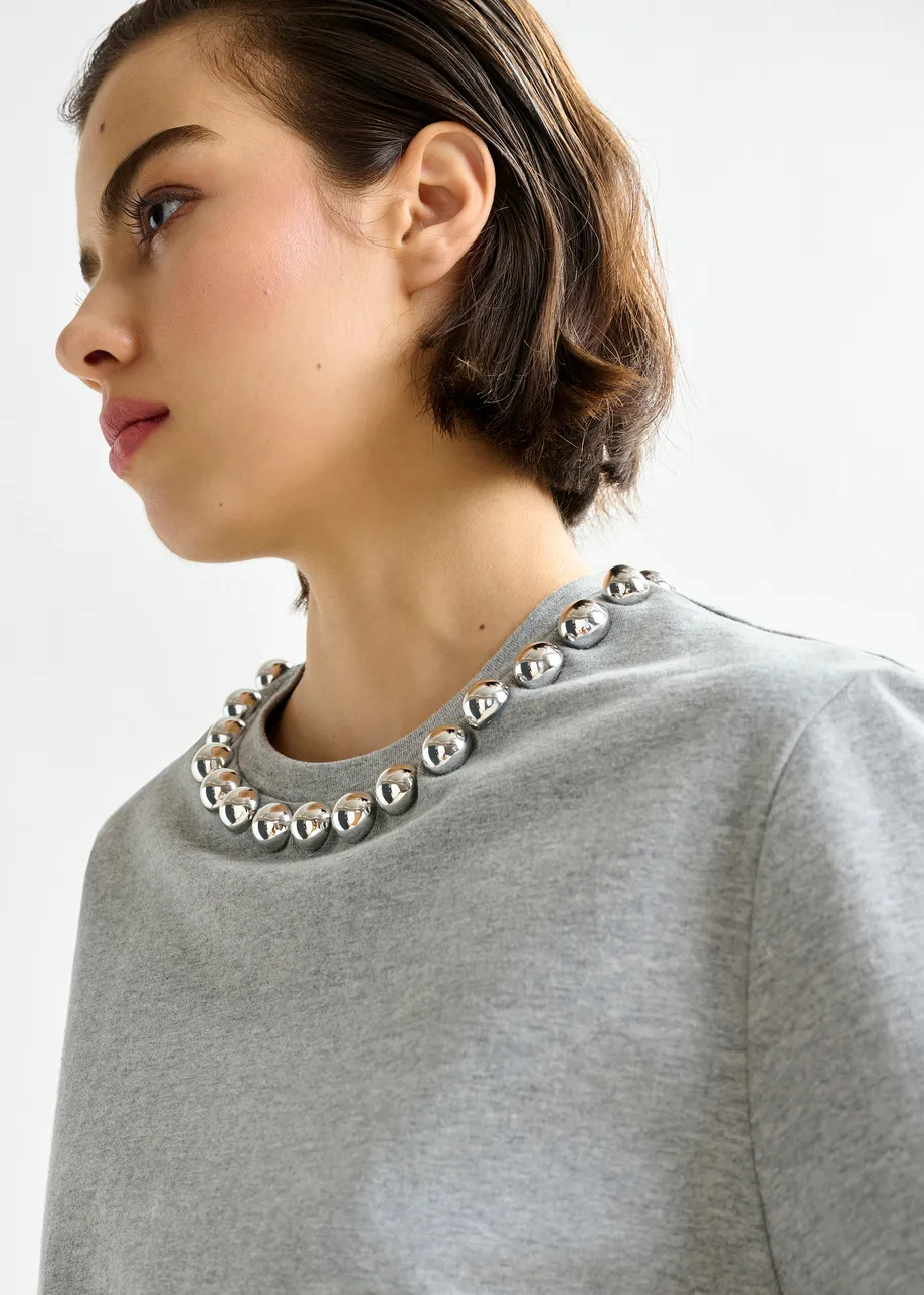 Grey and silver cotton T-shirt with metallic pearl-style embellishments