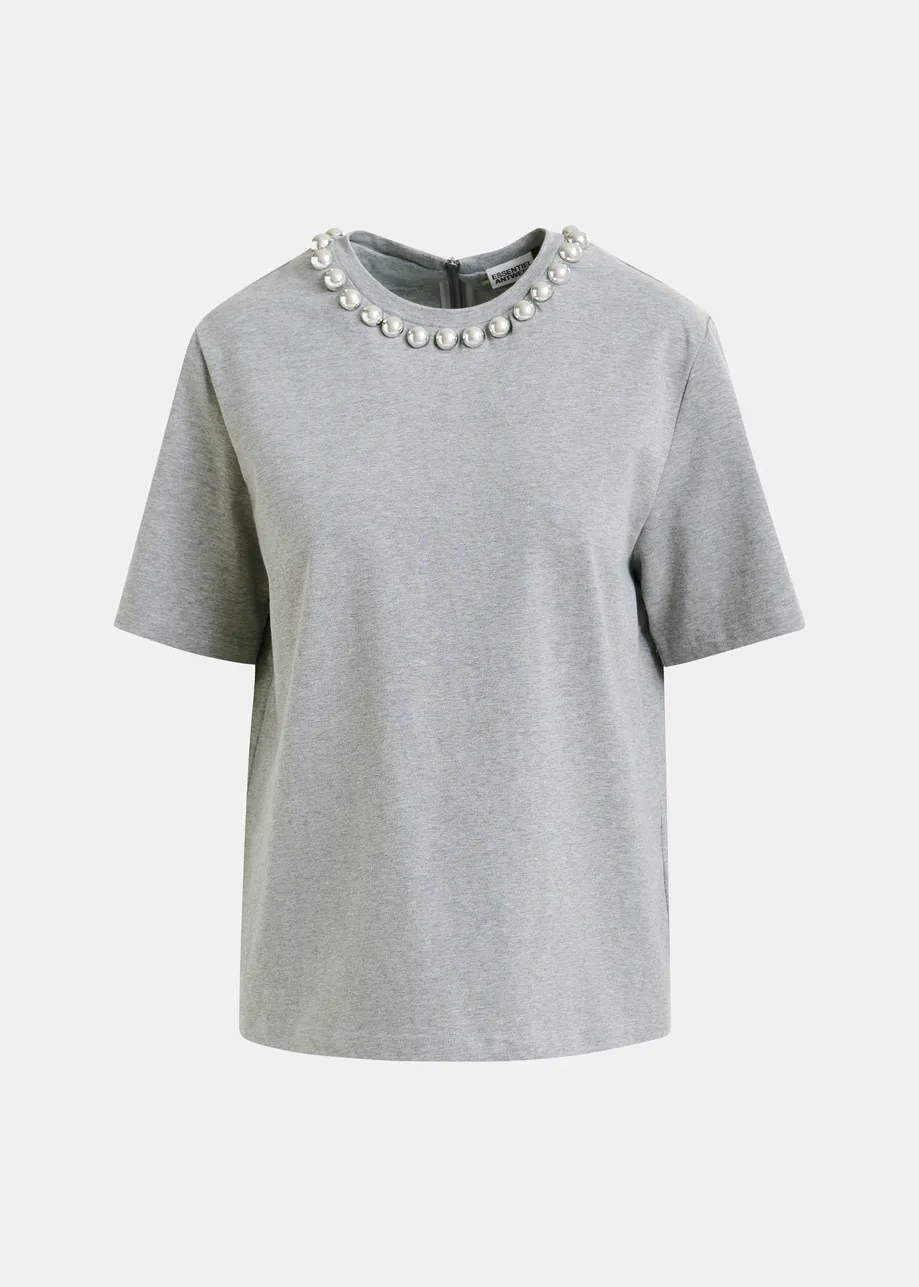 Grijs katoenen T-shirt met zilveren kralen