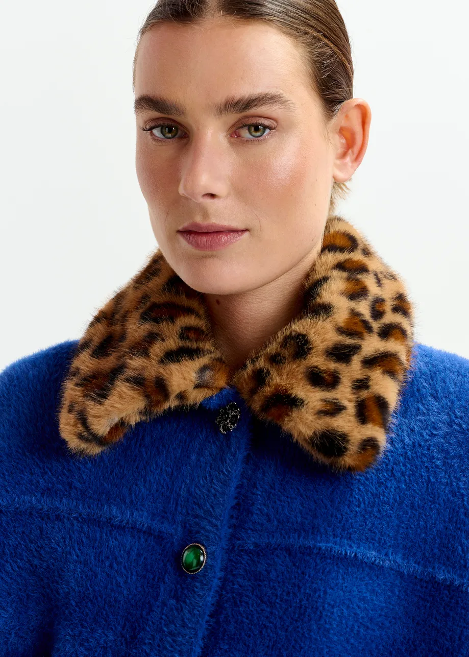 Blue cardigan with removable leopard faux fur collar