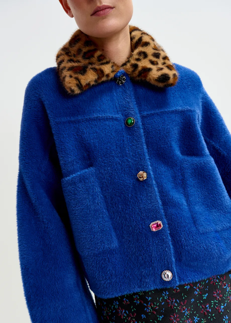 Blue cardigan with removable leopard faux fur collar