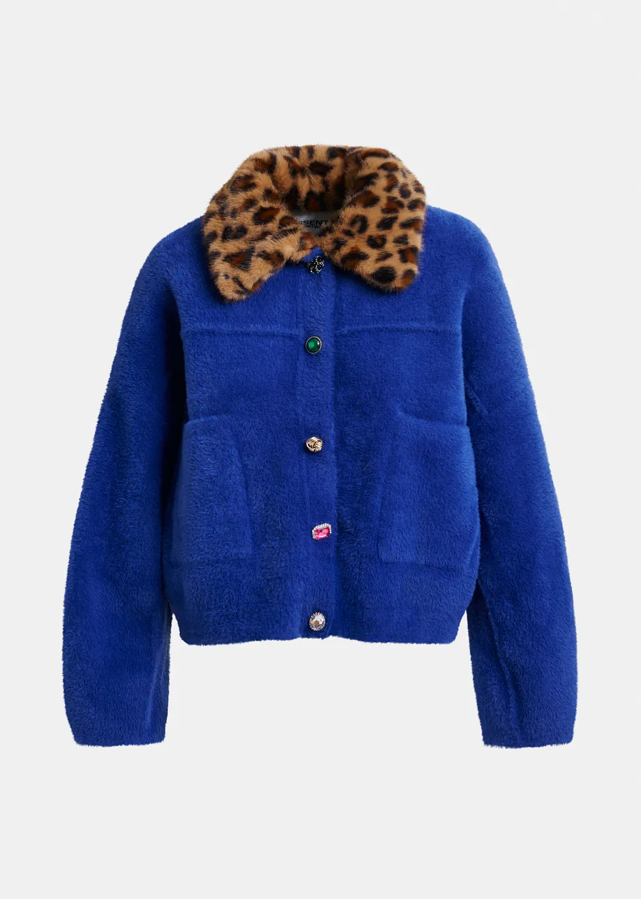 Blue cardigan with removable leopard faux fur collar