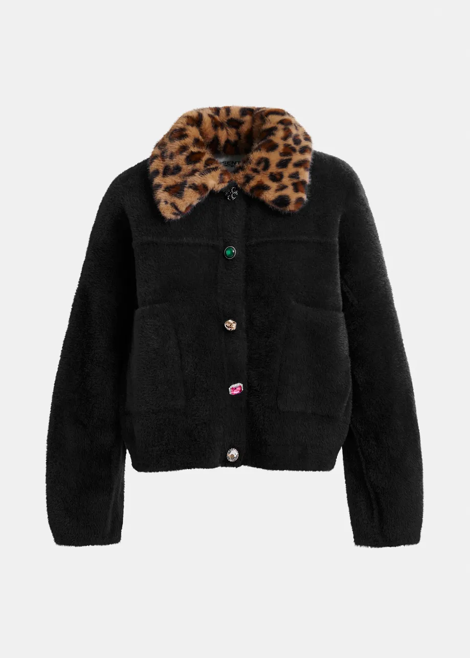 Black cardigan with removable leopard faux fur collar