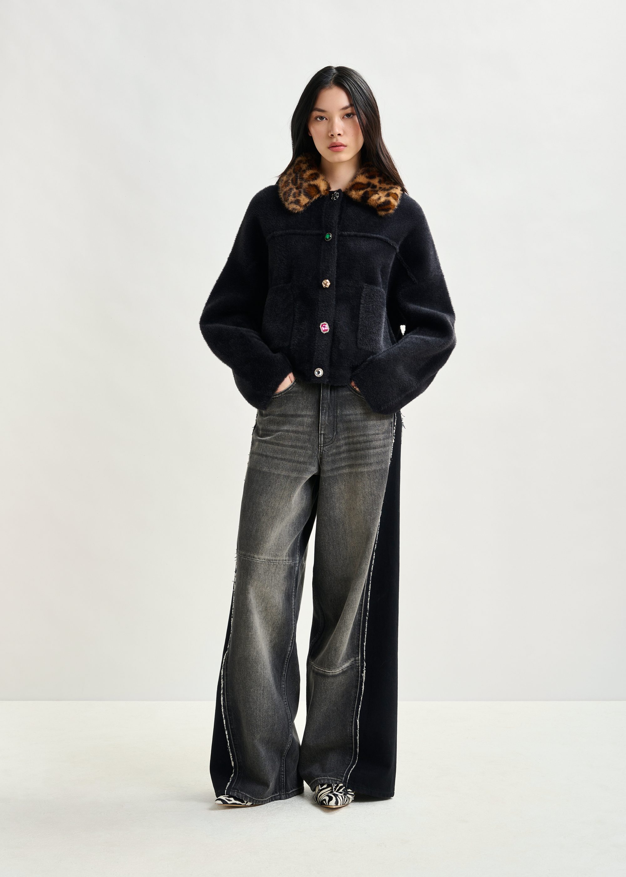 G9165*FEILER フェイラー☆ニット☆ジャケット☆ブルゾン☆黒☆L Black cardigan with removable leopard faux fur collar | Essentiel