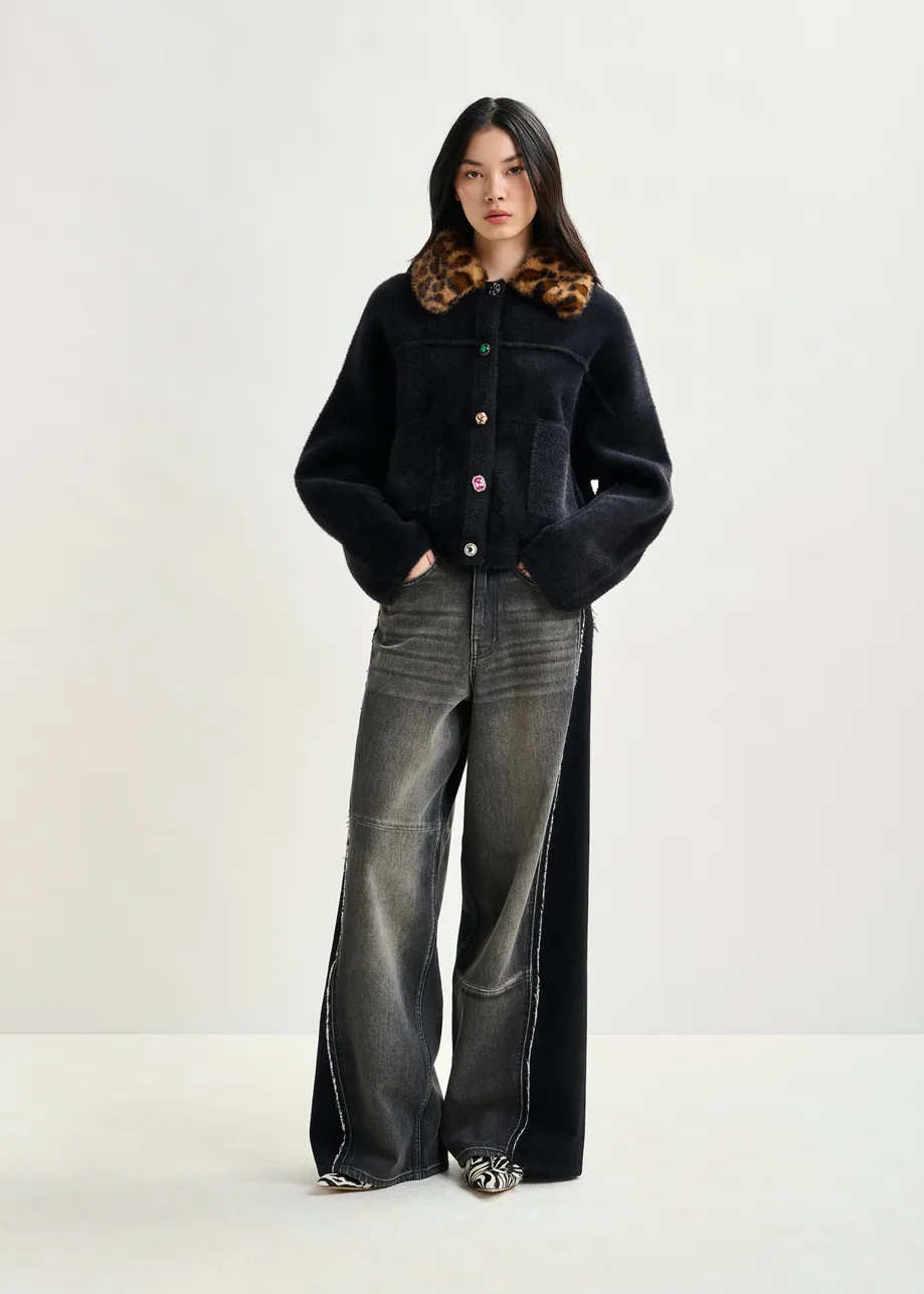 Black cardigan with removable leopard faux fur collar