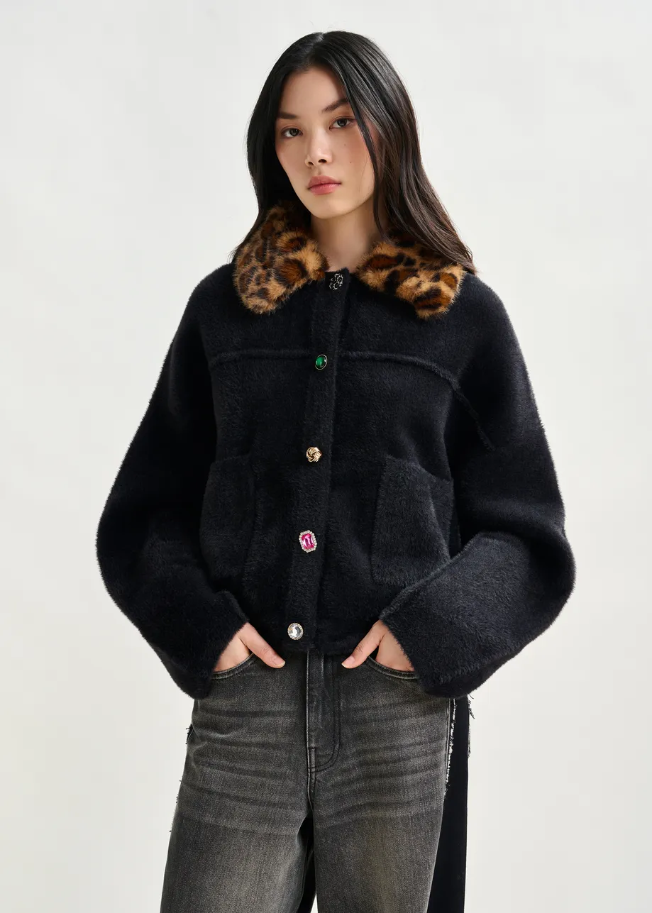 Black cardigan with removable leopard faux fur collar