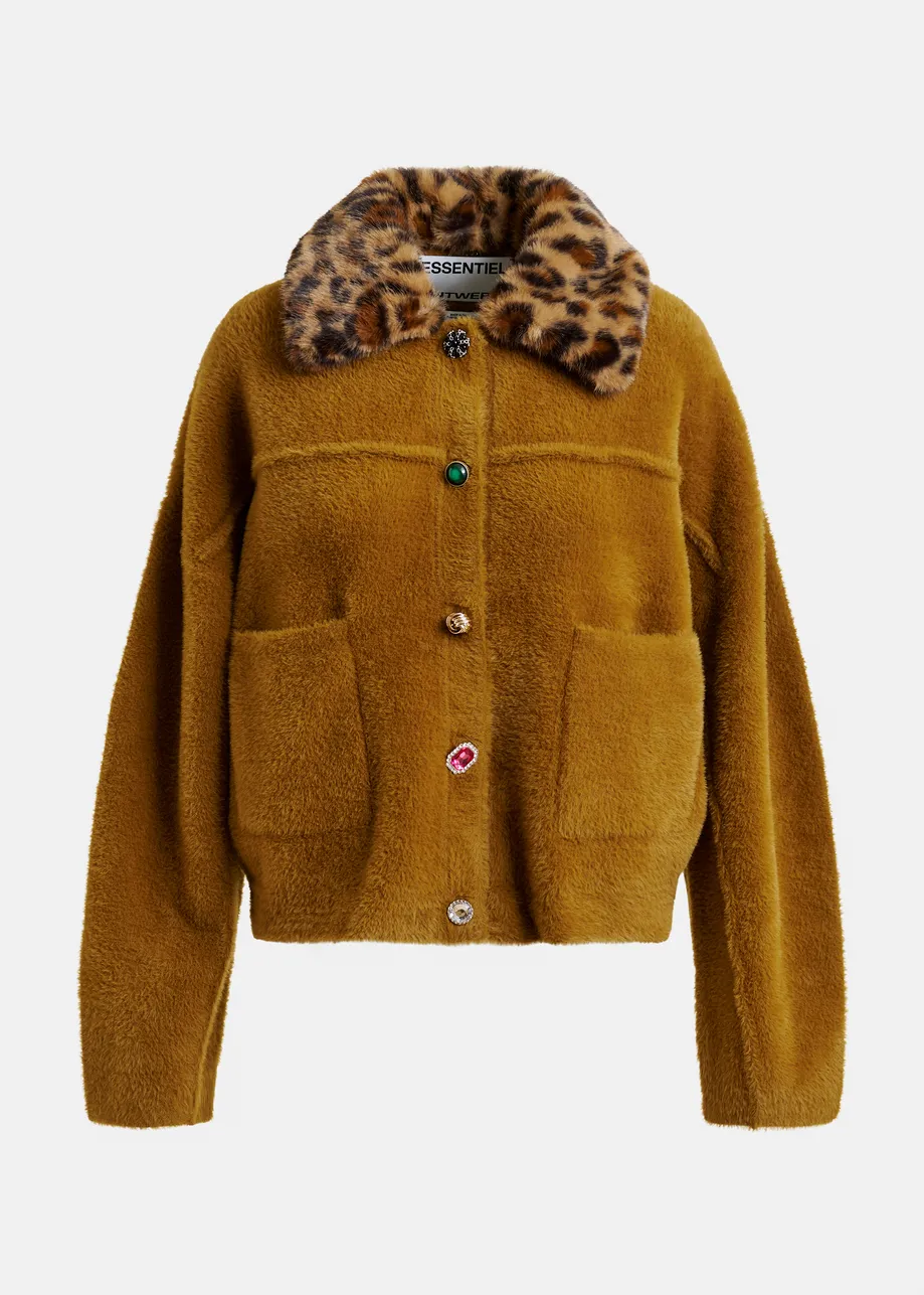 Brown cardigan with removable leopard faux fur collar