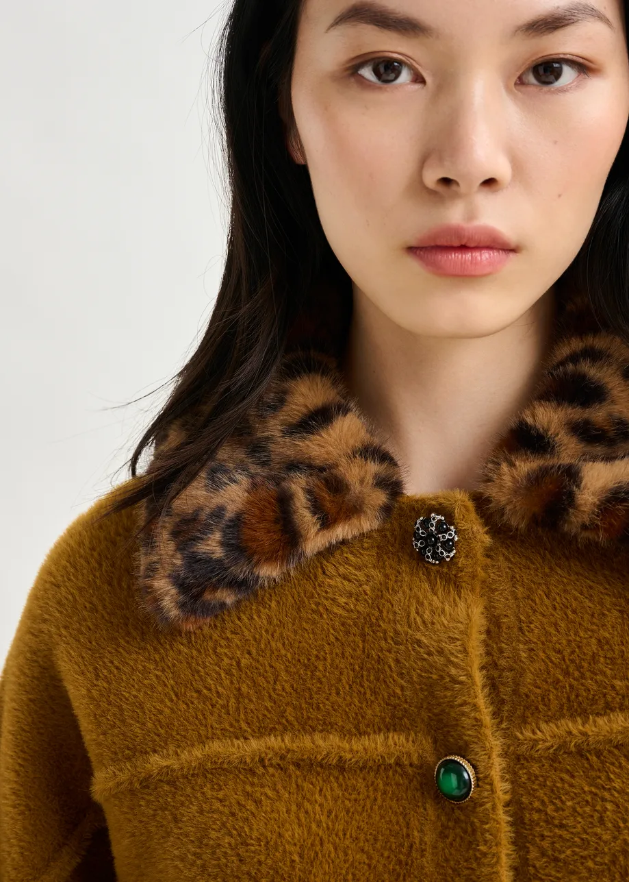 Brown cardigan with removable leopard faux fur collar