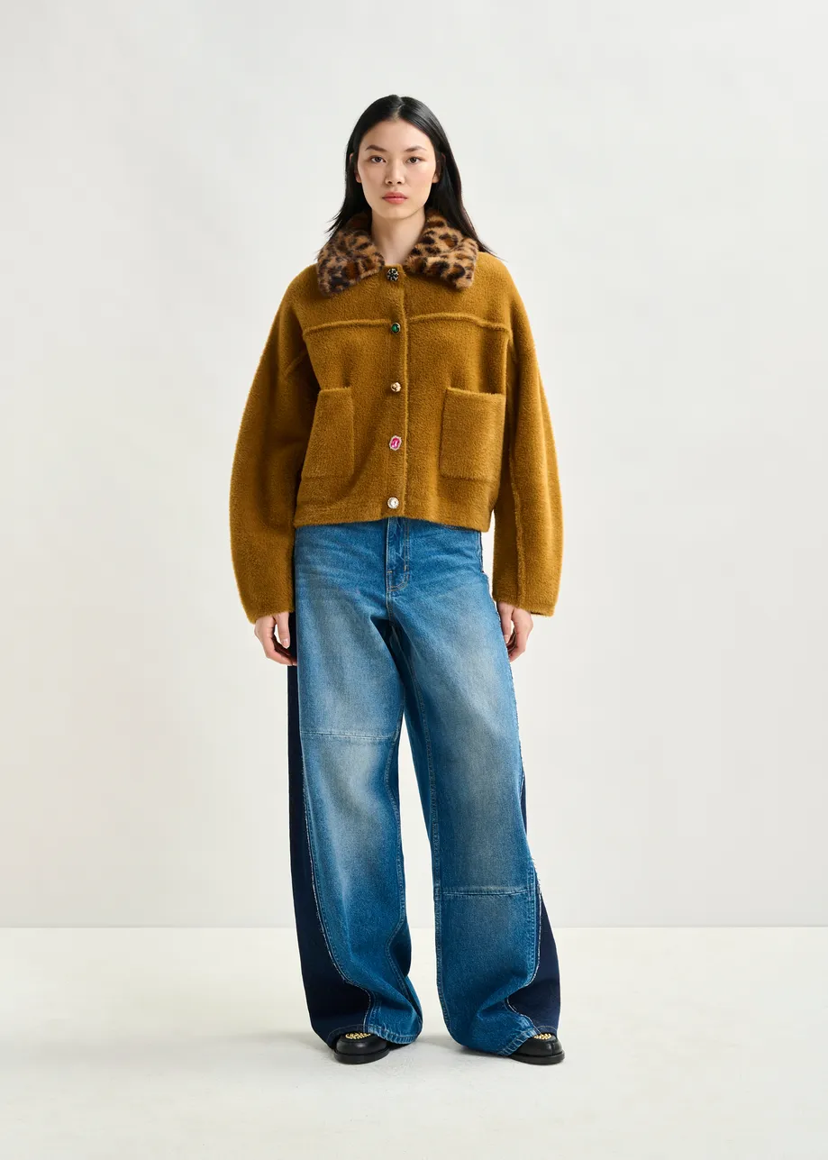 Brown cardigan with removable leopard faux fur collar