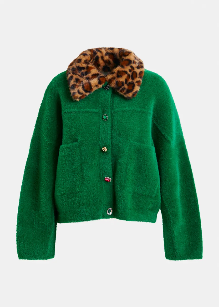 Green cardigan with removable leopard faux fur collar